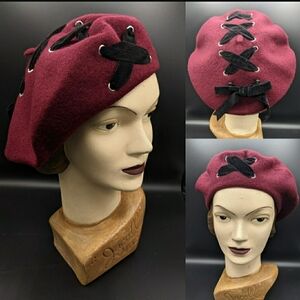 New Etsy Retro Vintage Handmade Elegant Burgundy Beret with Black Lace Accents